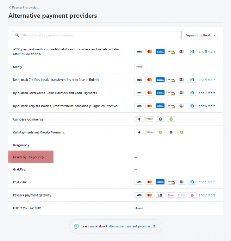 Install Dragonpay Gcash on your Shopify account - Step 2 Payment providers