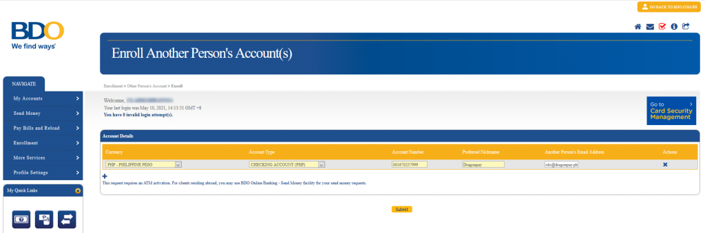 Enrolling Dragonpay on BDO Retail internent banking - Step 3