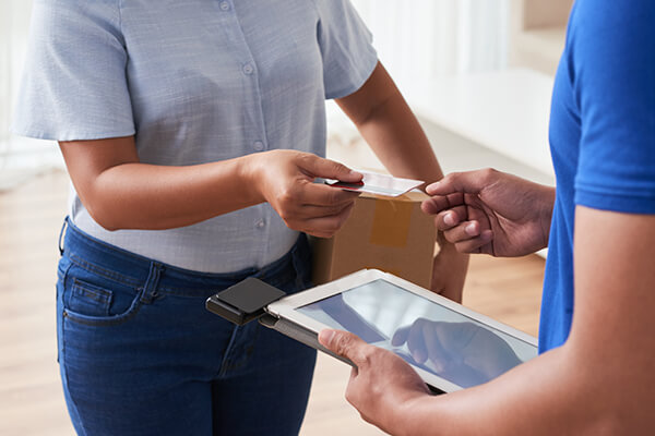 Person receiving a package banner